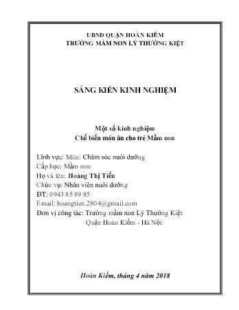 Sáng kiến kinh nghiệm Một số kinh nghiệm Chế biến món ăn cho trẻ Mầm non