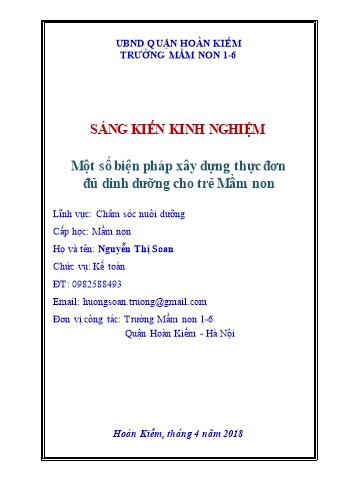 SKKN Một số biện pháp xây dựng thực đơn đủ dinh dưỡng cho trẻ Mầm non