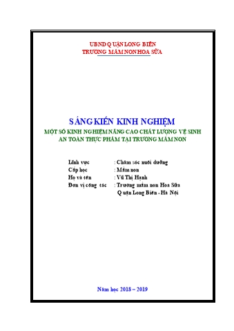 SKKN Một số kinh nghiệm nâng cao chất lượng vệ sinh an toàn thực phẩm tại Trường Mầm non